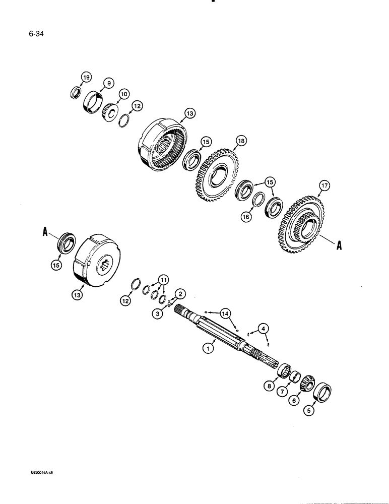 Схема запчастей Case 450C - (6-34) - TRANS. MAIN SHAFT AND FORWARD-REVERSE CLUTCHES, MODELS WITH WET BRAKES, P.I.N. GBE 0001501 AND AFTER (06) - POWER TRAIN