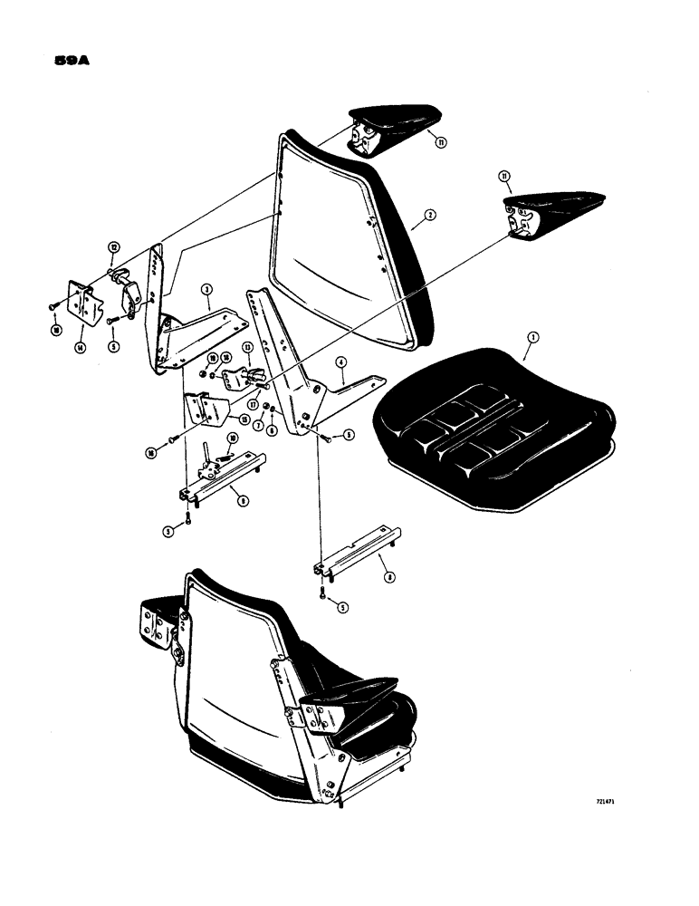 Схема запчастей Case 586 - (59A) - D56409 OPRTR SEAT, IDD BY BLCK PTTRN,ON SEAT & BCKRST CSHN, & 3.5" SIDE ADJ HNDL,D56424 ARM RST KIT (90) - PLATFORM, CAB, BODYWORK AND DECALS