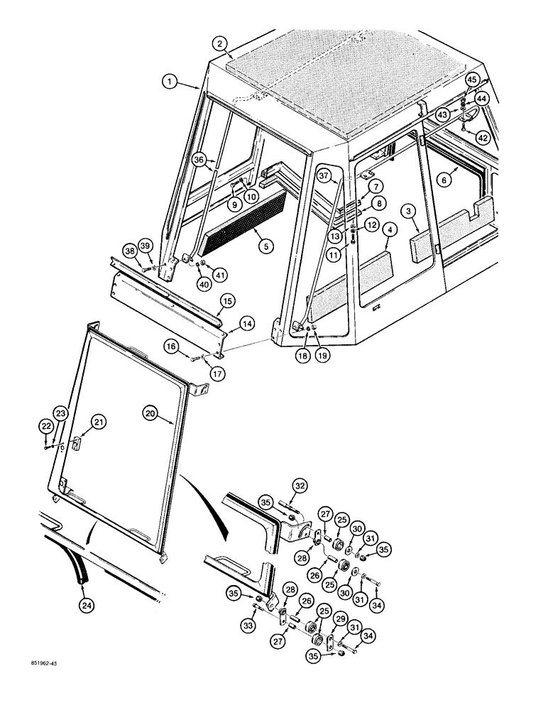 Схема запчастей Case 480F - (9-124) - CAB FRAME AND REAR WINDOW (09) - CHASSIS/ATTACHMENTS