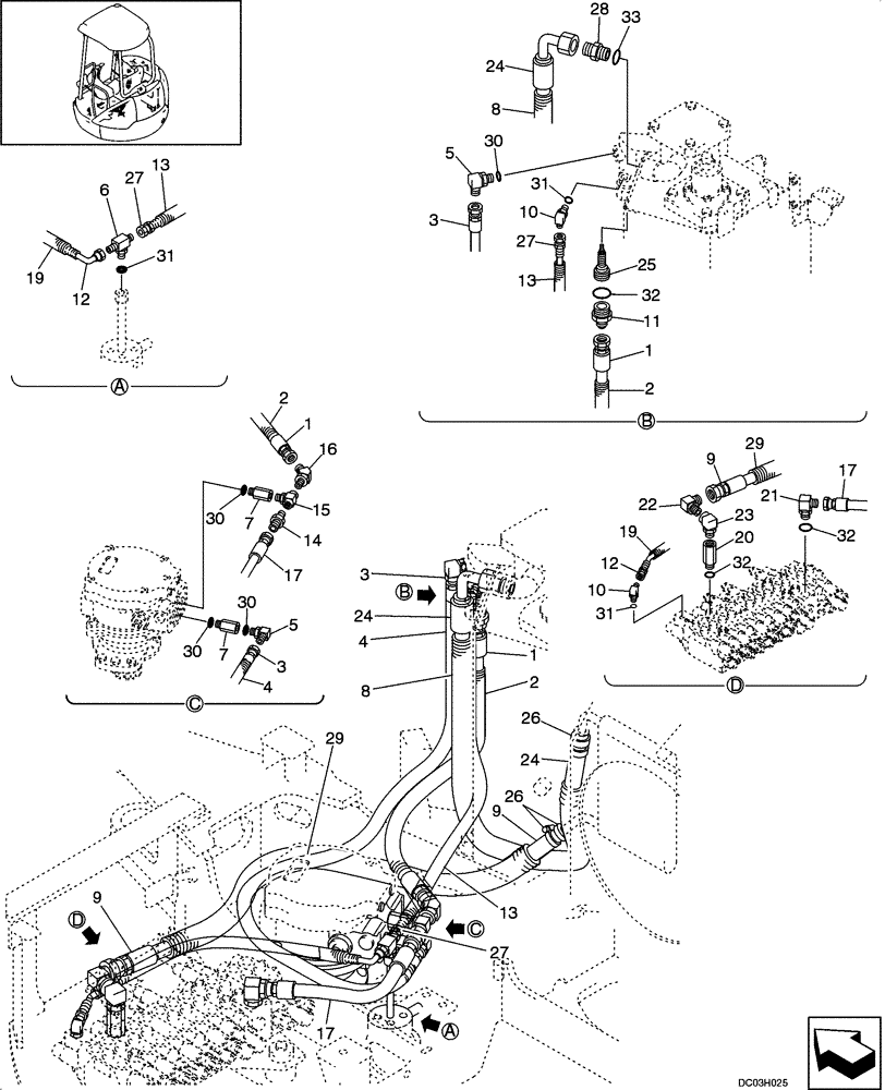 Схема запчастей Case CX25 - (08-07[00]) - HYDRAULIC LINES - RETURN (BOOM LOCK ) (08) - HYDRAULICS