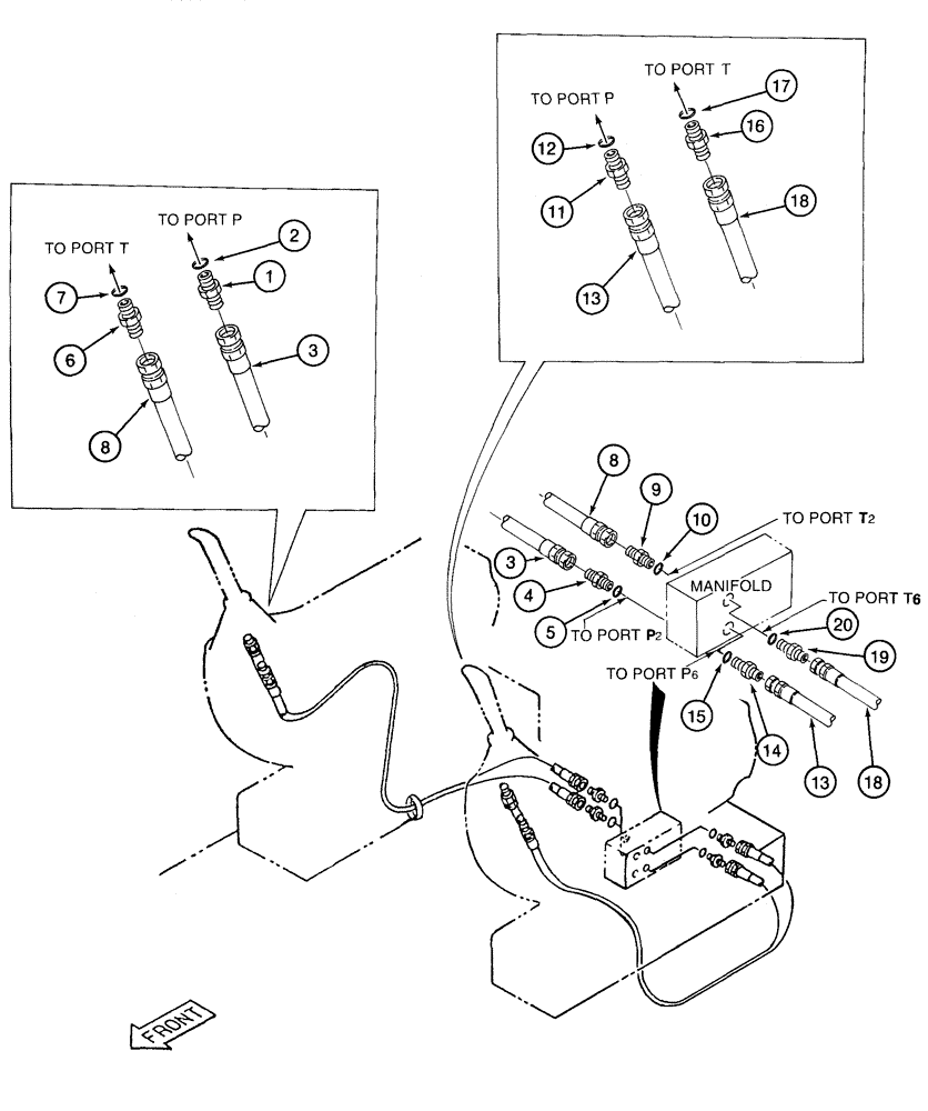 Схема запчастей Case 9050B - (8-040) - MANUAL CONTROL VALVE PRESSURE AND RETURN LINES (08) - HYDRAULICS