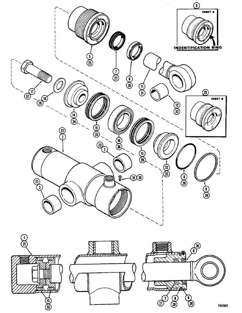 Схема запчастей Case 475 - (170) - G34214 PLOW SWING CYLINDER, GLAND HAS IDENTIFICATION RING (35) - HYDRAULIC SYSTEMS