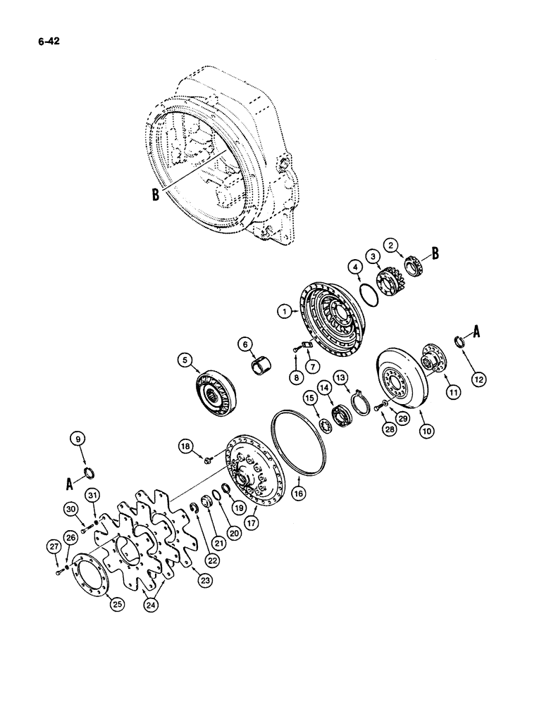 Схема запчастей Case W11B - (6-042) - CLARK TRANSMISSION, IMPELLER, TURBINE, AND FLEXPLATE (06) - POWER TRAIN