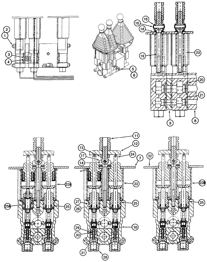 Схема запчастей Case 621C - (08-054[A]) - VALVE ASSY - REMOTE CONTROL, THREE LEVER, THREE LEVER W/THREE SPOOL VALVE, NORTH AMERICA ONLY (08) - HYDRAULICS