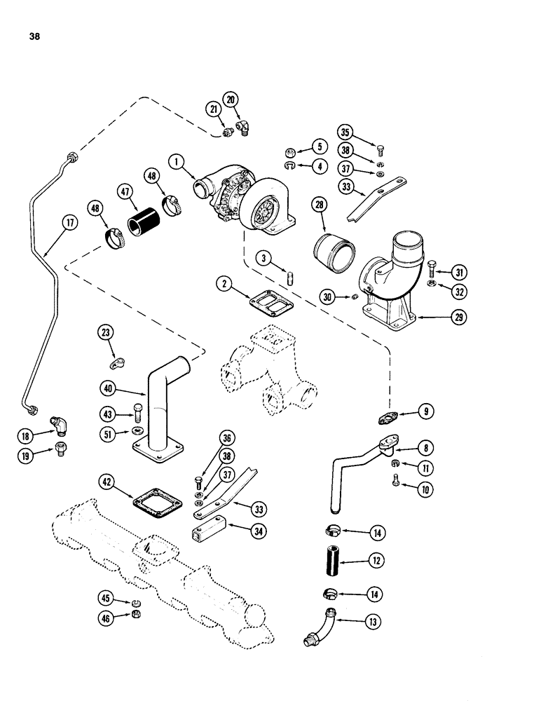 Схема запчастей Case 1280B - (038) - TURBOCHARGER SYSTEM, 504BDT DIESEL ENGINE (02) - ENGINE