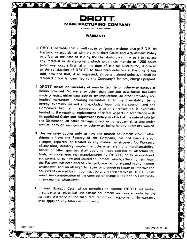 Схема запчастей Case 40YC - (A4) - DROTT MANUFACTURING COMPANY WARRANTY (00) - GENERAL