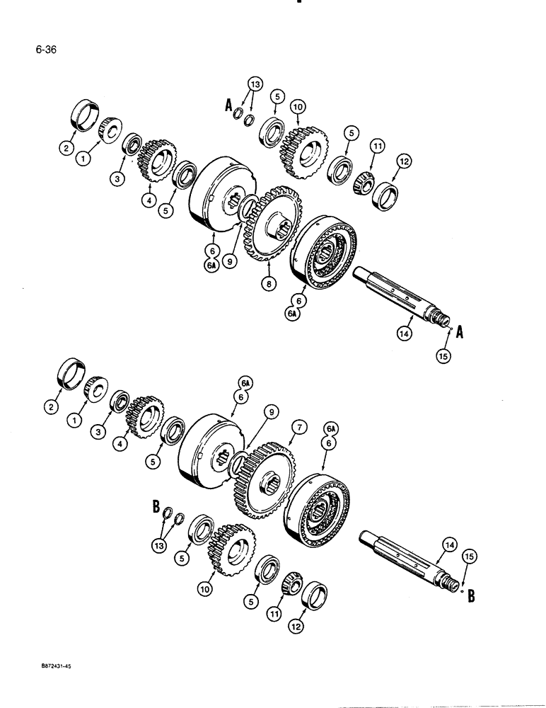 Схема запчастей Case 455C - (6-36) - TRANSMISSION HIGH-LOW CLUTCHES AND SHAFTS (06) - POWER TRAIN