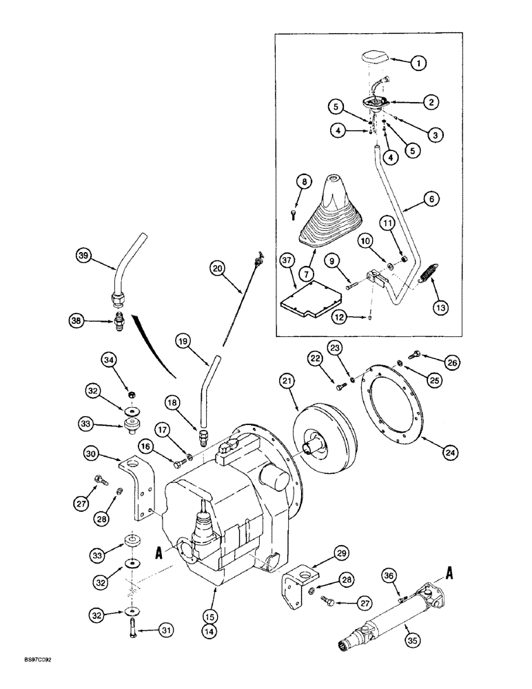 Схема запчастей Case 580SL - (6-22) - TRANSMISSION MOUNTING, DRIVE SHAFT, DIPSTICK, AND GEAR SHIFT LEVER (06) - POWER TRAIN