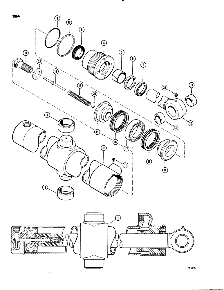 Схема запчастей Case 580C - (394) - G34881 BACKHOE SWING CYLINDER, BEFORE BACKHOE S/N 5411088 W/ 2 PIECE PISTON (08) - HYDRAULICS