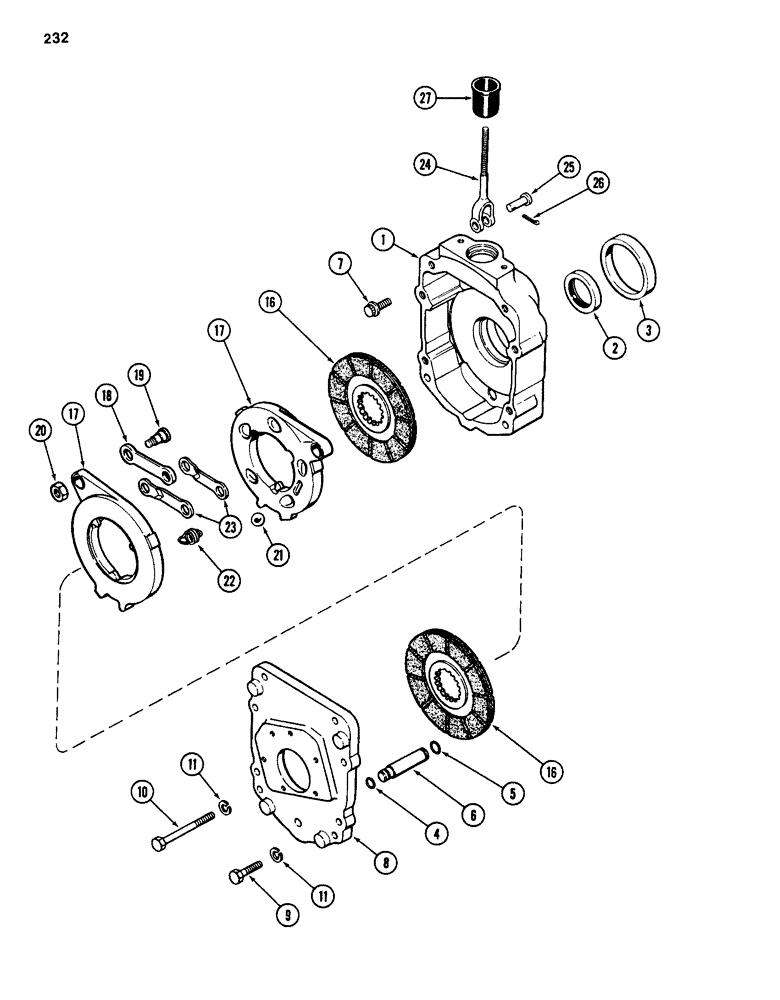 Схема запчастей Case 584D - (232) - TRANSAXLE DIFFERENTIAL BRAKE HOUSING AND BRAKE, TRANSMISSION SERIAL NO. 16270319 AND AFTER (33) - BRAKES & CONTROLS