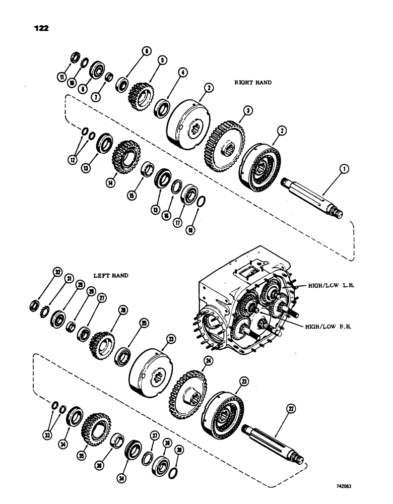 Схема запчастей Case 450 - (122) - TRANS. HIGH & LOW CLUTCH SHAFTS, LOADER TRANS. SN 2682386 & AFT., USED DZR & DWBR TRANS. 2682396 AFT (03) - TRANSMISSION