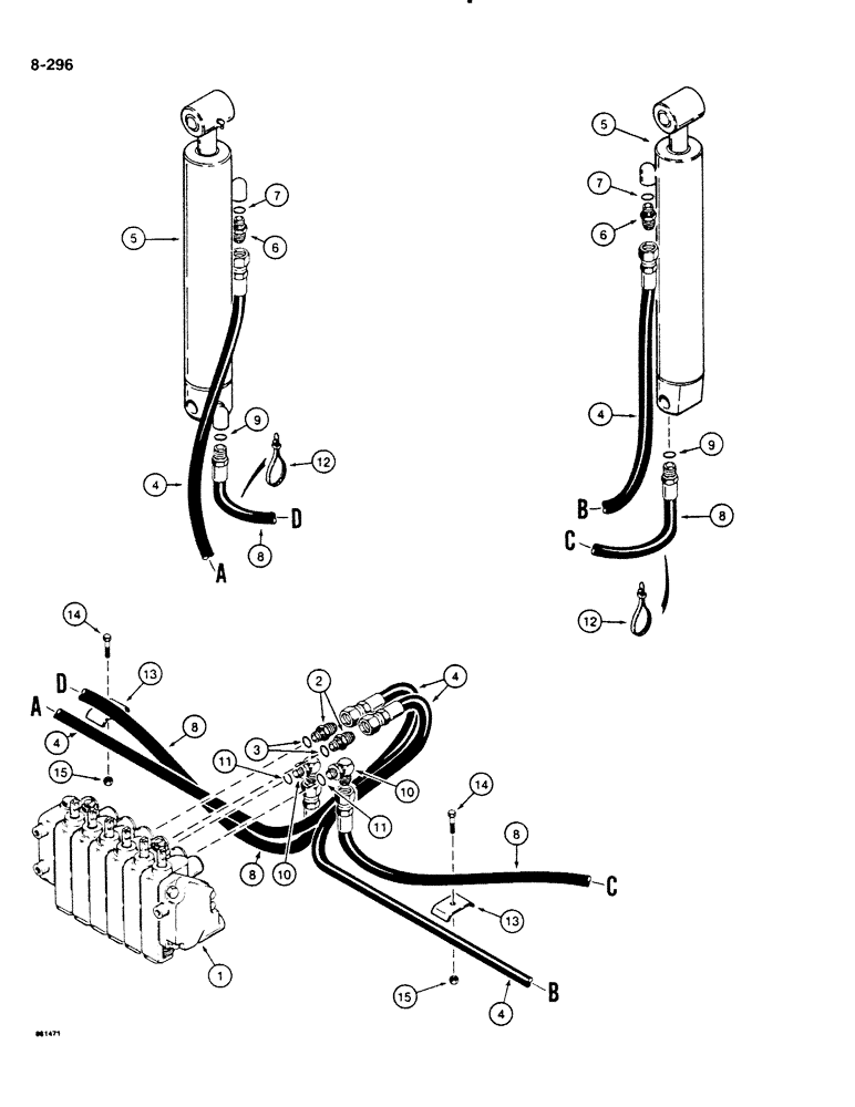 Схема запчастей Case DH4B - (8-296) - STABILIZER CYLINDER HYDRAULIC CIRCUIT, REAR MOUNTED BACKHOE - VERTICAL CONTROL VALVE (08) - HYDRAULICS