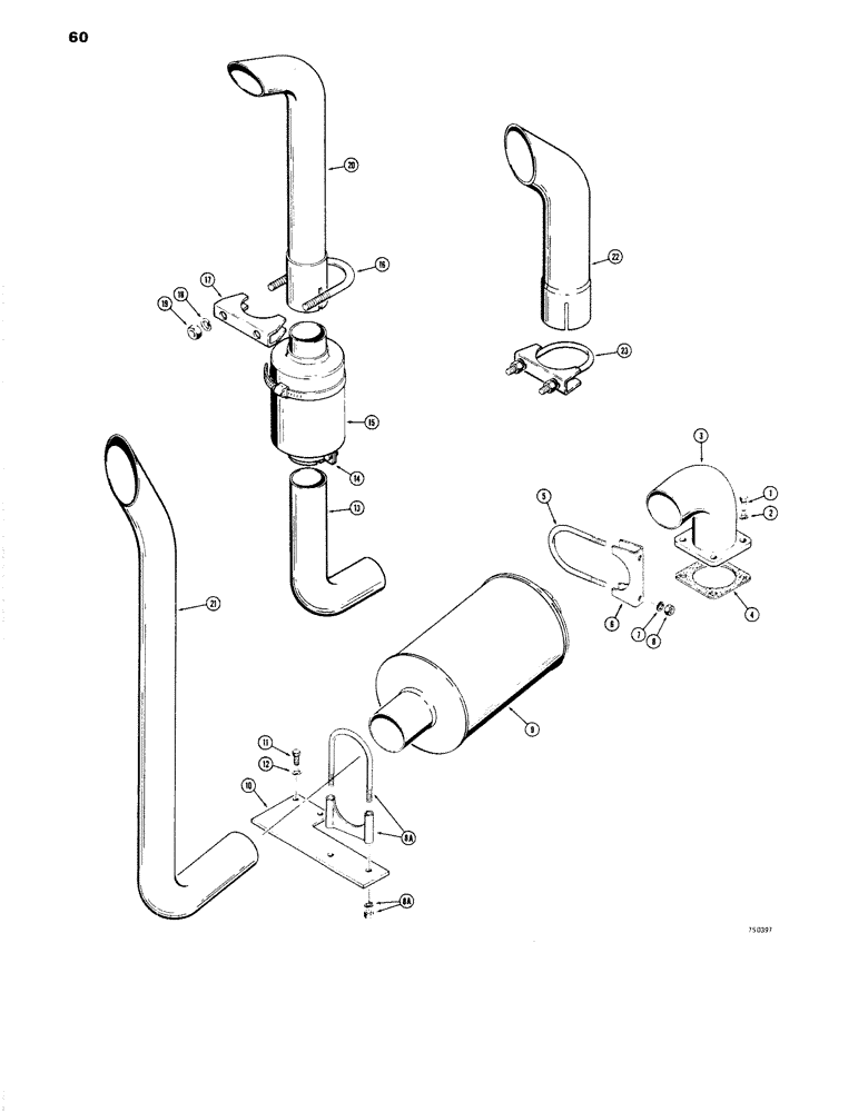 Схема запчастей Case W14 - (060) - STANDARD AND SPARK ARRESTING MUFFLERS, USED ON ALL MODELS EXCEPT BACKHOE (02) - ENGINE