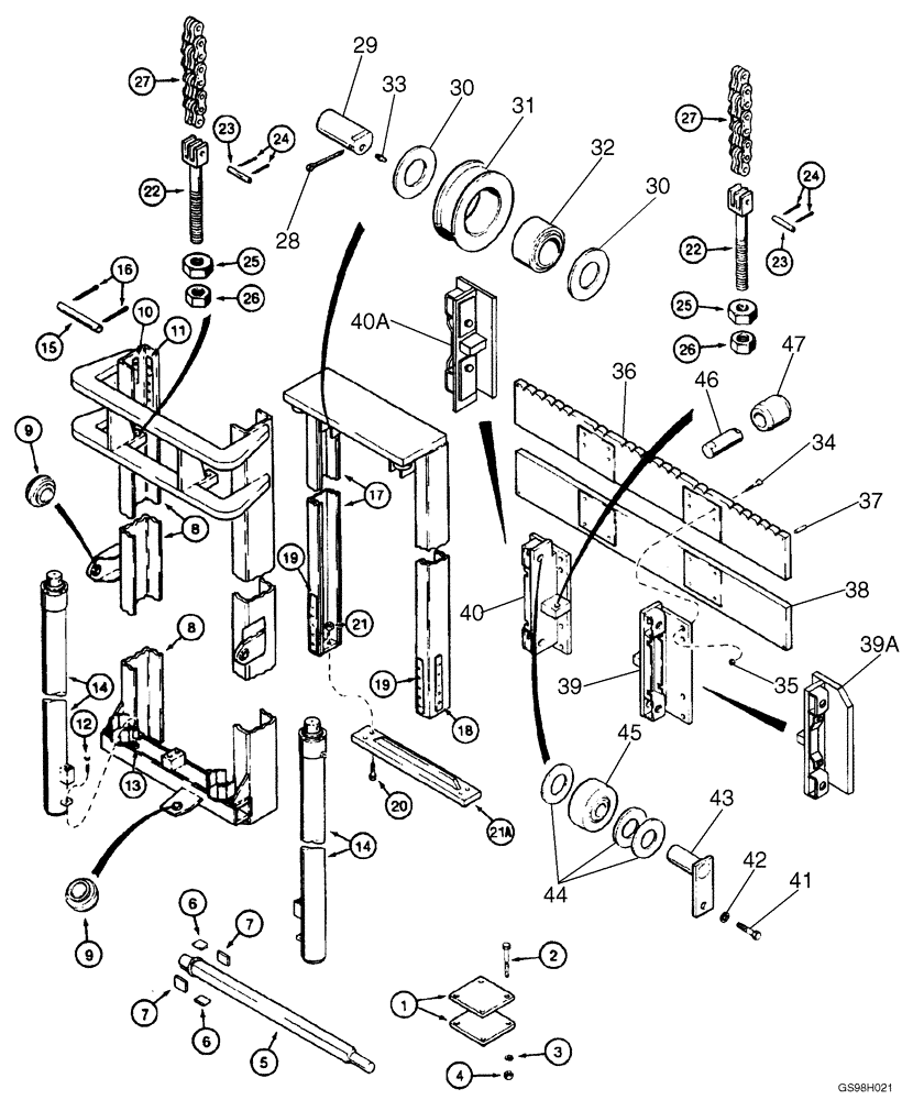 Схема запчастей Case 586E - (9-044) - 3.6 M (12 FOOT) MAST FOR 585E AND 586E, MODELS WITH DUAL LIFT CYLINDER, W/ 31 DEGREE FWD. MAST TILT (09) - CHASSIS/ATTACHMENTS