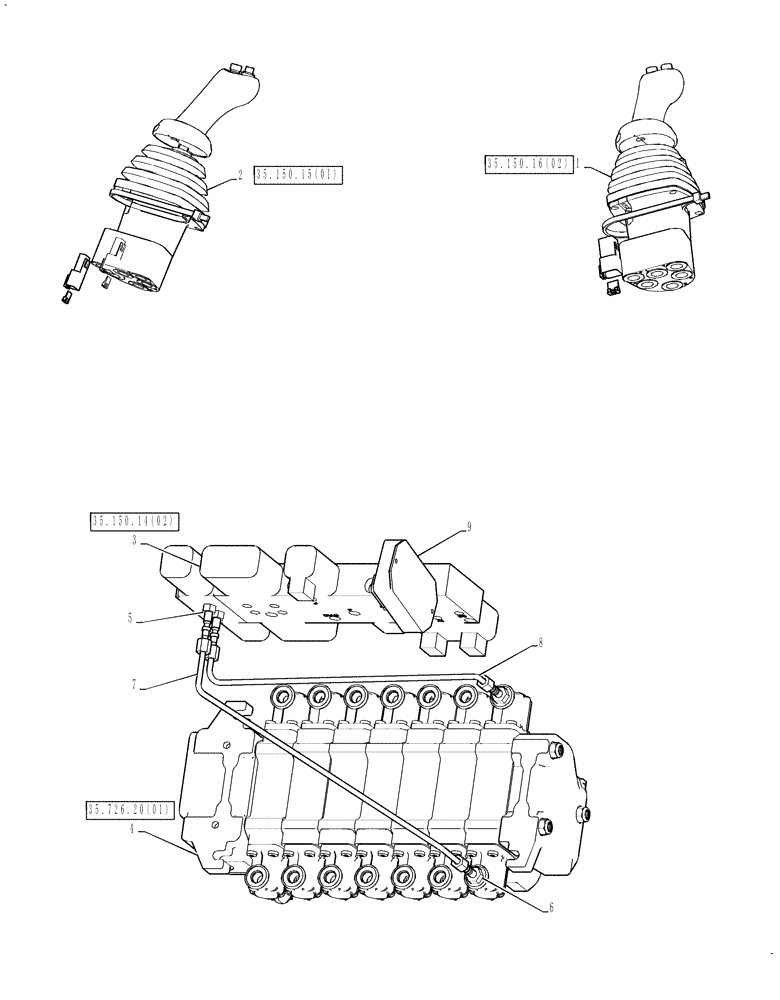 Схема запчастей Case 580SN WT - (35.726.06) - VALVE - PILOT CONTROL AND JOYSTICKS (7 SPOOL, W/O EXT DIPPER W/ AUX HYDS) (580SN, 580SN WT, 590SN) (35) - HYDRAULIC SYSTEMS