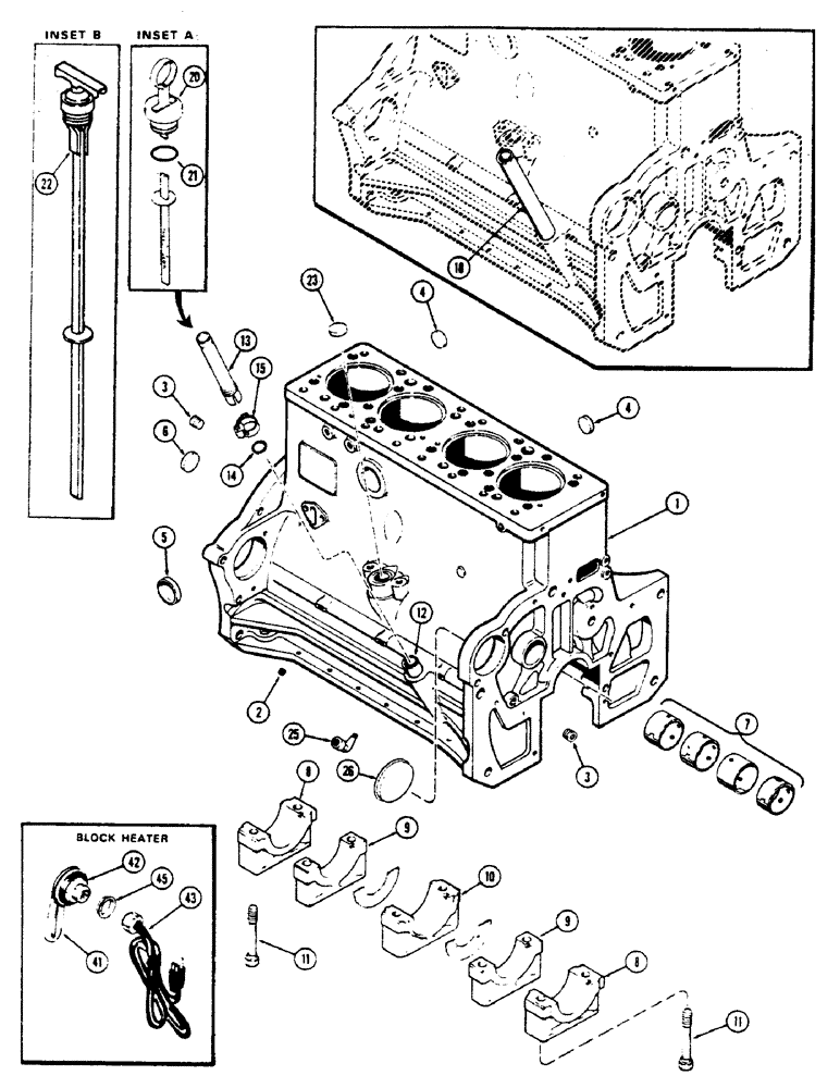 Схема запчастей Case 336B - (17A) - 336BDT TURBOCHARGED ENGINES, CYLINDER BLOCK, BLOCK HEATER 