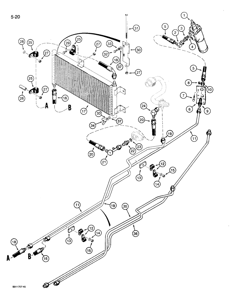 Схема запчастей Case 721 - (5-20) - STEERING HYDRAULIC CIRCUIT, RETURN LINE AND COOLER, P.I.N. JAK0022432 & AFTER (05) - STEERING