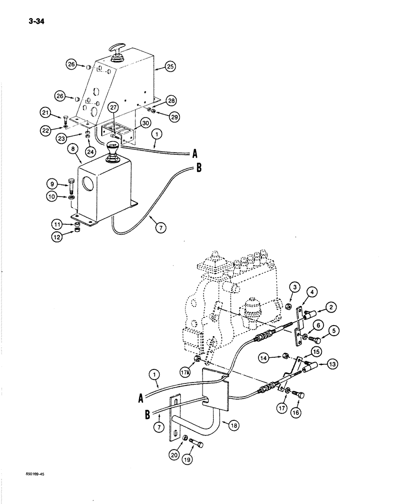 Схема запчастей Case 170B - (3-34) - THROTTLE AND FUEL SHUTOFF CONTROLS, P.I.N. 74341 THROUGH 74399 (03) - FUEL SYSTEM