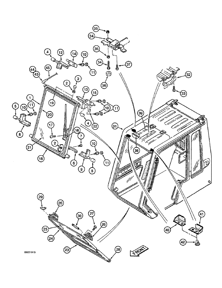 Схема запчастей Case 9010 - (9-44) - CAB WINDSHIELD, LOWER FRONT WINDOW AND OVERHEAD DOOR (09) - CHASSIS