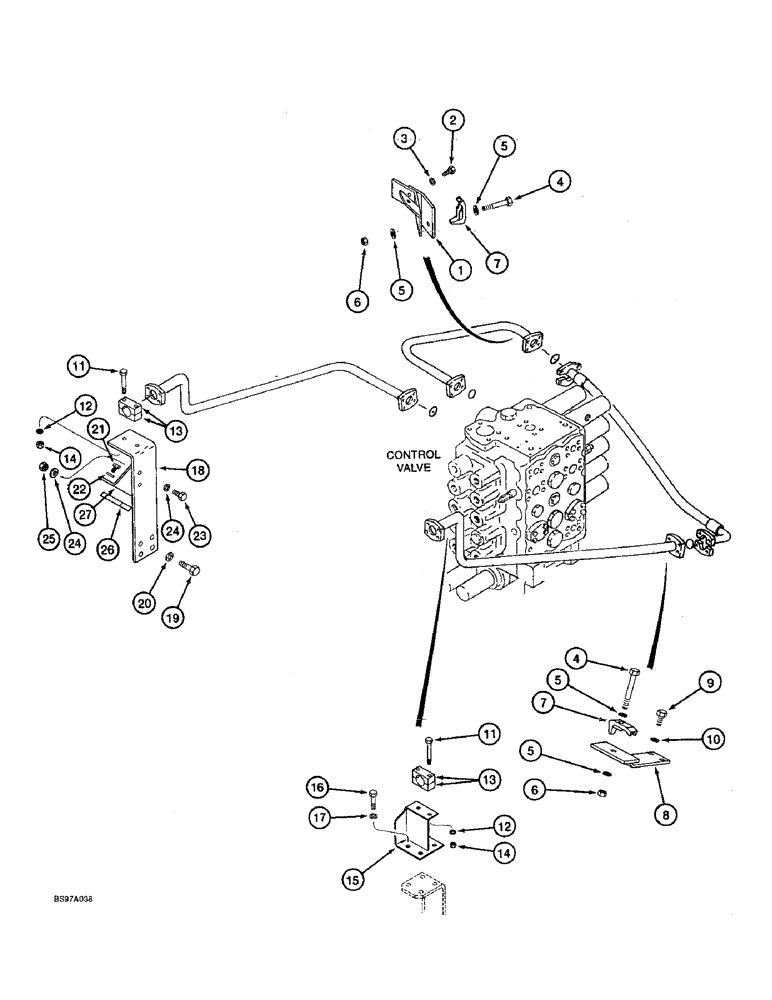 Схема запчастей Case 9060B - (8-104) - AUXILIARY EQUIPMENT - DOUBLE ACTION, COMPONENT MOUNTING AND TUBE SUPPORTS (08) - HYDRAULICS