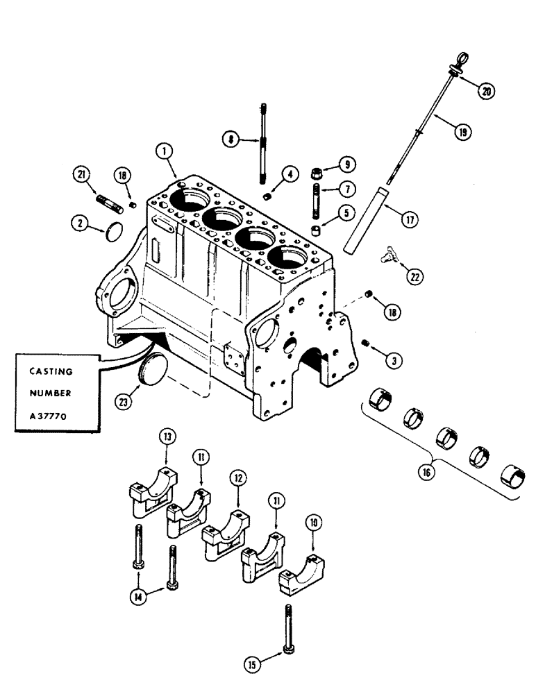 Схема запчастей Case 500 - (014) - CYL. BLOCK ASSEMBLY, (188) DIESEL ENG., FOR WIDE FLANGED SLEEVES, USED ENG. S/N 2610997 THRU 2614826 (01) - ENGINE