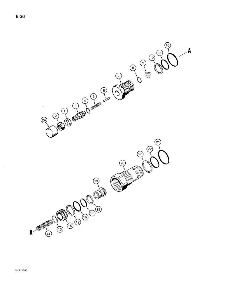 Схема запчастей Case 621 - (8-36) - MAIN RELIEF VALVE, AND CIRCUIT RELIEF AND ANTICAVITATION VALVE, 102210A1 (08) - HYDRAULICS