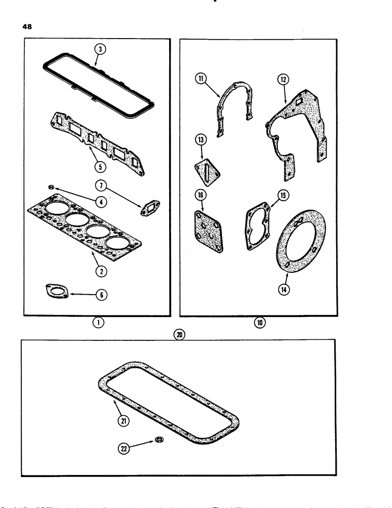 Схема запчастей Case 1845 - (048) - ENGINE GASKET KITS, (159) SPARK IGNIITON ENGINE, VALVE GRIND KIT, CYLNDR BLOCK KIT, OIL PAN KIT (10) - ENGINE