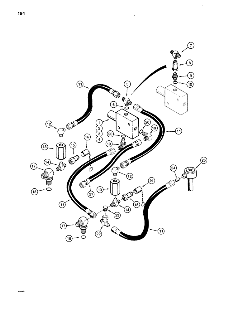 Схема запчастей Case 880C - (184) - TRACK BRAKE HYDRAULIC LINES - UPPER, PIN 6205236 AND AFTER (04) - UNDERCARRIAGE