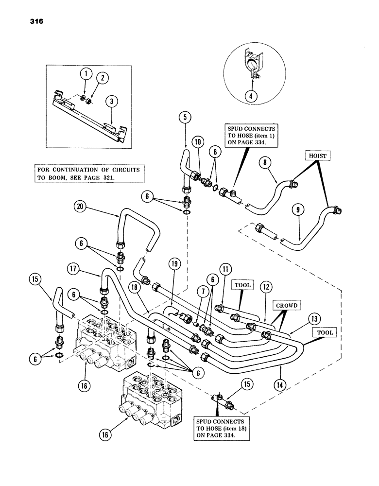 Схема запчастей Case 980B - (316) - CROWD, HOIST AND TOOL TUBING FROM VALVE TO BOOM, (USED ON UNITS PRIOR TO PIN 6204051) (07) - HYDRAULIC SYSTEM