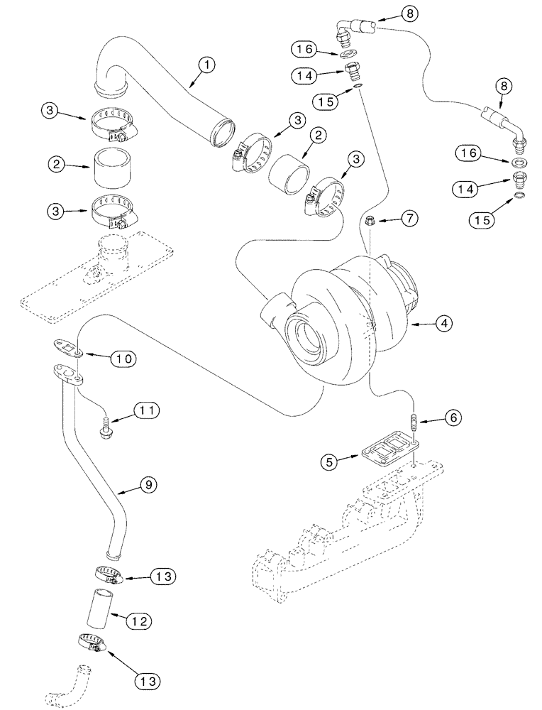 Схема запчастей Case 550H - (2-14) - TURBOCHARGER SYSTEM, 4T-390 EMISSIONS CERTIFIED ENGINE (02) - ENGINE