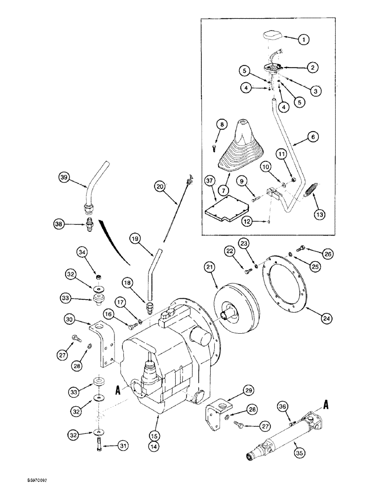 Схема запчастей Case 590L - (6-22) - TRANSMISSION MOUNTING, DRIVE SHAFT, DIPSTICK AND GEAR SHIFT LEVER (06) - POWER TRAIN