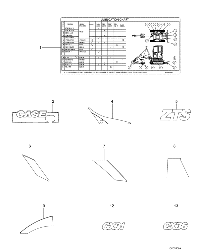 Схема запчастей Case CX31 - (09-57[00]) - DECALS (09) - CHASSIS/ATTACHMENTS