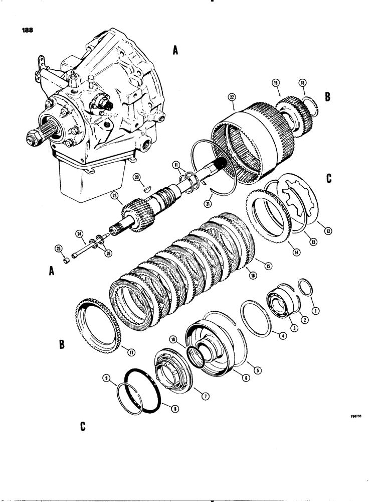 Схема запчастей Case 580C - (188) - POWER SHUTTLE TRANSMISSION, DRIVE GEAR AND FORWARD CLUTCH (06) - POWER TRAIN