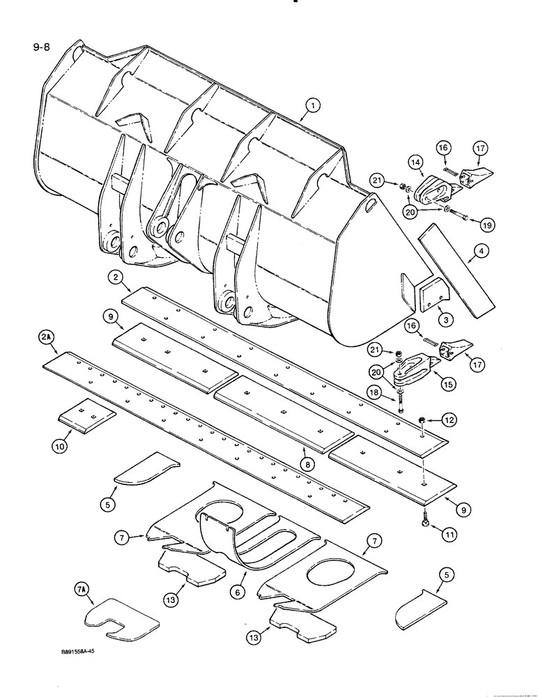 Схема запчастей Case 821 - (9-008) - LOADER BUCKET AND CUTTING EDGES, 3.0 CUBIC YARD (2.3 CUBIC METRE) BUCKET (09) - CHASSIS/ATTACHMENTS