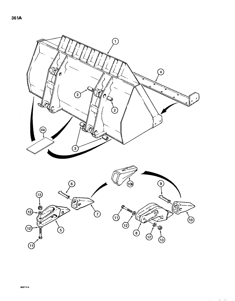 Схема запчастей Case 1150D - (361A) - LOADER BUCKET, TEETH USE 1" DIAMETER HARDWARE, IF USED, 1-3/4 CUBIC YARD BUCKET (09) - CHASSIS/ATTACHMENTS