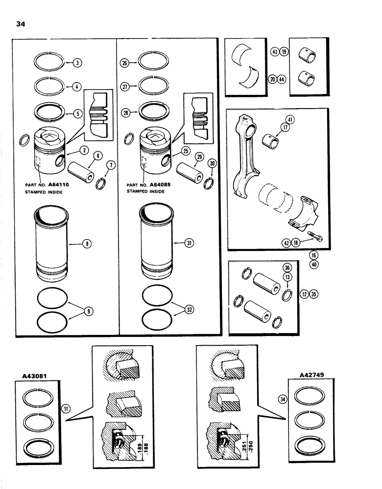 Схема запчастей Case W26B - (034) - PISTON ASSEMBLY AND CONNECTING RODS (504BDT) DIESEL ENGINE 1ST USED ENG. SER. NO. 2501934 (02) - ENGINE