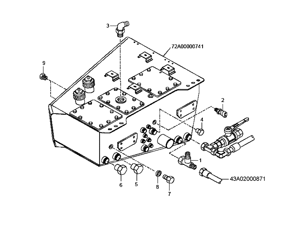 Схема запчастей Case 340B - (43A00030871[001]) - CONNECTIONS, HYDRAULIC TANK (87602066) (09) - Implement / Hydraulics / Frame / Brakes