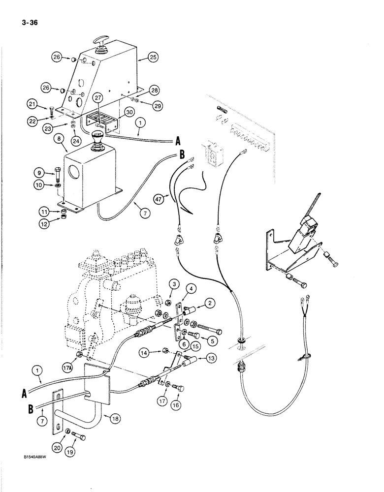 Схема запчастей Case 170B - (3-36) - THROTTLE AND FUEL SHUTOFF CONTROLS, P.I.N. 74400 THROUGH 74456 (03) - FUEL SYSTEM