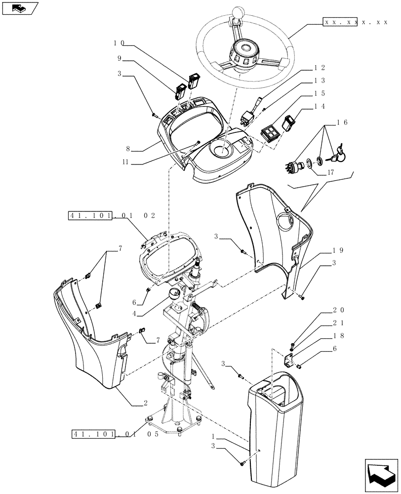 Схема запчастей Case 1121F - (41.101.01[03]) - CAB - STEERING COLUMN - COVERS, SWITCHES (41) - STEERING