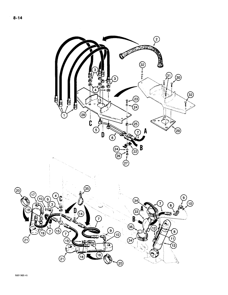 Схема запчастей Case 550 - (8-14) - DOZER TILT AND ANGLE HYDRAULIC CIRCUITS, ON BACK OF BLADE (08) - HYDRAULICS