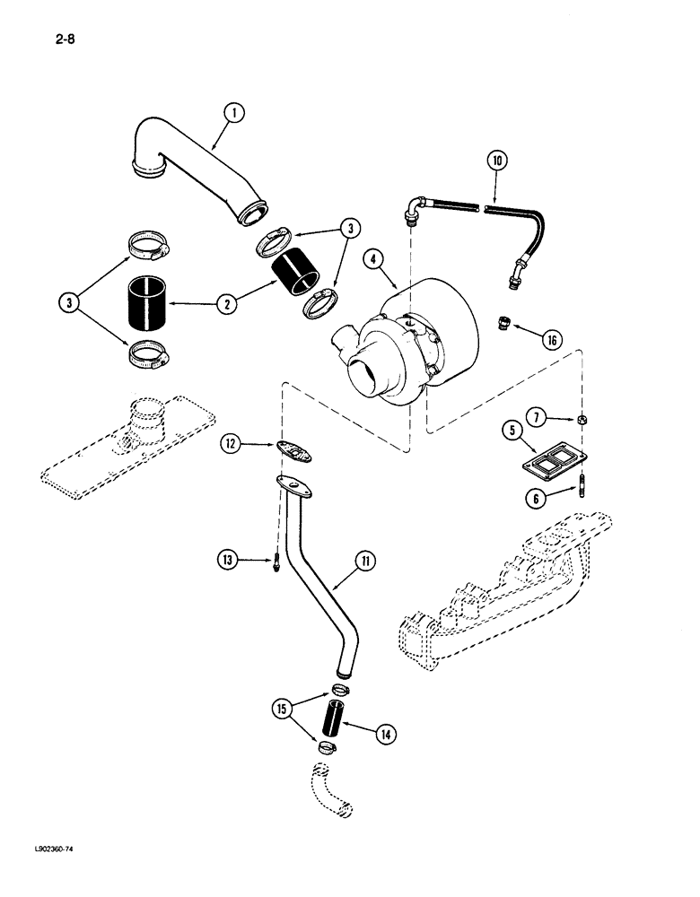 Схема запчастей Case 650 - (2-08) - TURBOCHARGER SYSTEM, 4T-390 ENGINE (02) - ENGINE