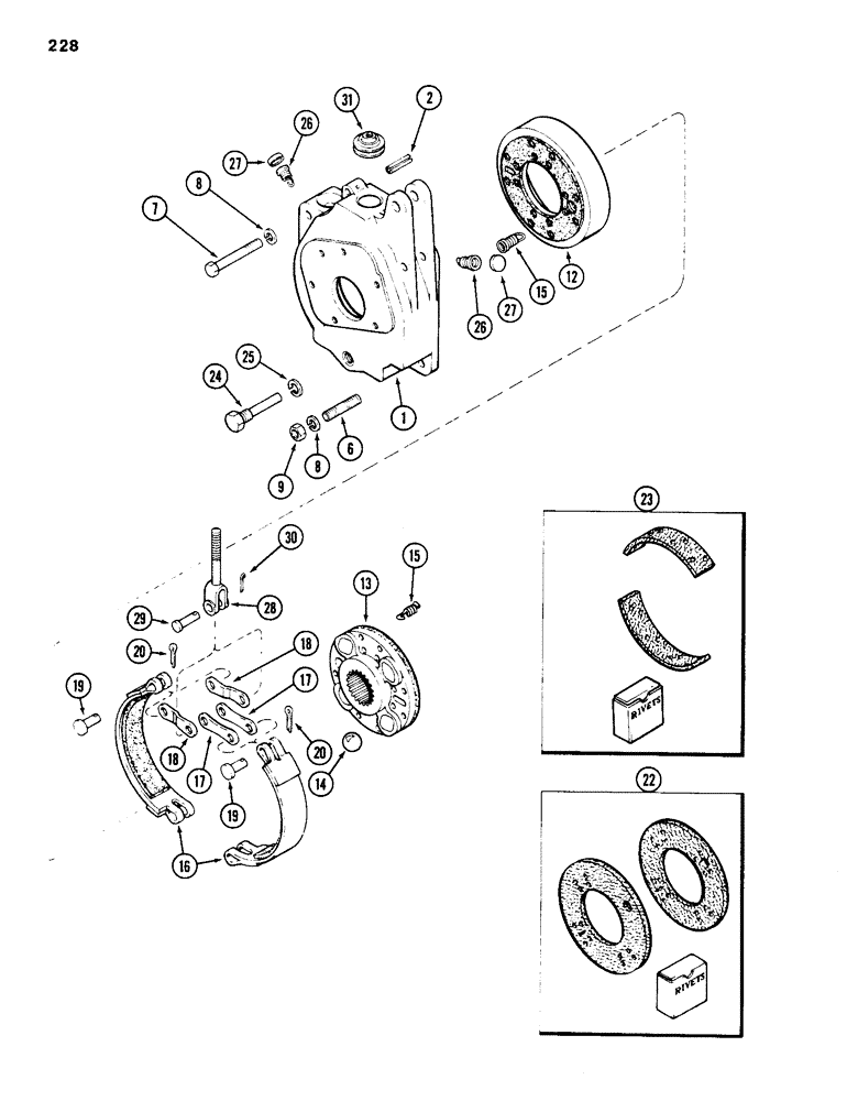 Схема запчастей Case 586D - (228) - TRANSAXLE DIFFERENTIAL BRAKE HOUSING AND BRAKE, PRIOR TO TRANSMISSION SERIAL NO. 16249203 (33) - BRAKES & CONTROLS