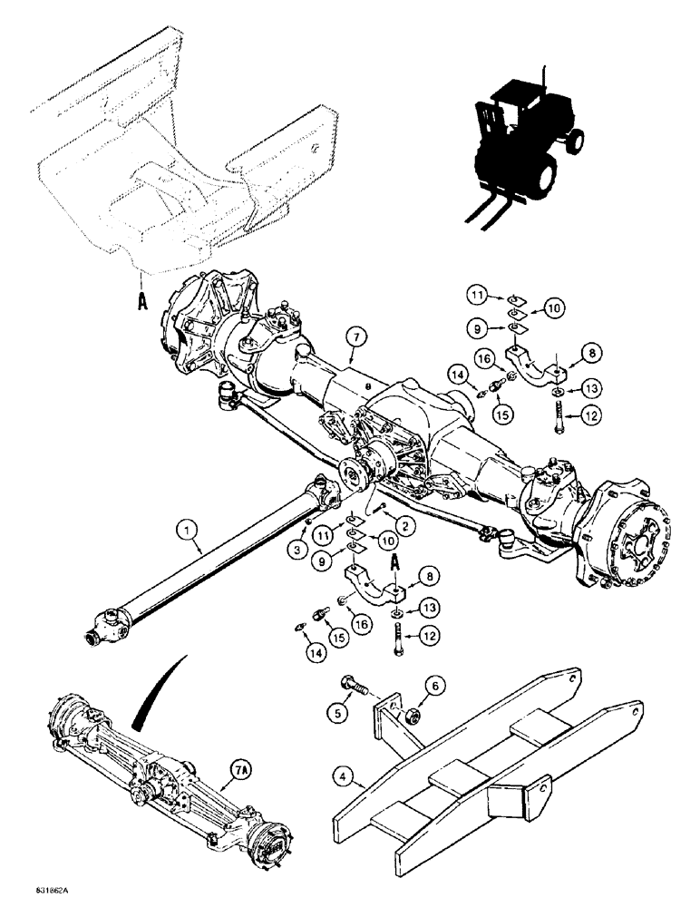 Схема запчастей Case 585E - (6-32) - REAR DRIVE AXLE MOUNTING AND DRIVE SHAFT, FOUR WHEEL DRIVE MODELS (06) - POWER TRAIN