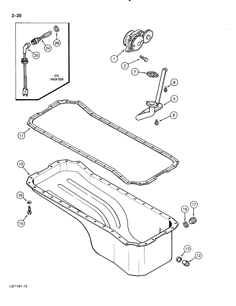 Схема запчастей Case 888 - (2-028) - OIL PUMP AND OIL PAN, 6T-590 DIESEL ENGINE, ENGINE OIL HEATER (02) - ENGINE