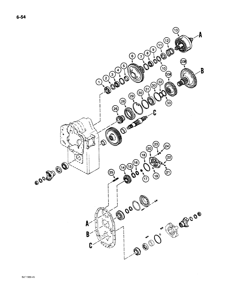 Схема запчастей Case W11B - (6-054) - CLARK TRANSMISSION, OUTPUT SHAFT, IDLER SHAFT, AND LOW GEARS (06) - POWER TRAIN