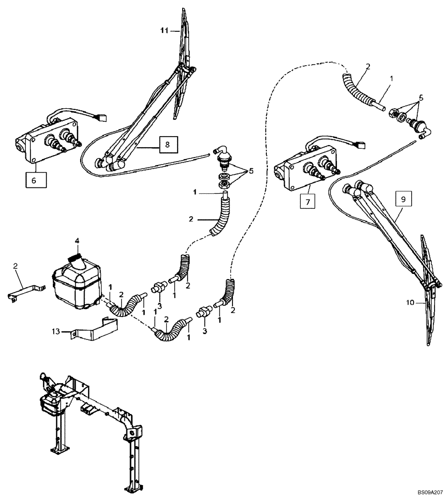 Схема запчастей Case 330B - (53A00000583[001]) - SIDE WASHER / WIPER ASSY, CAB (P.I.N. HHD0330BN7PG57000 AND AFTER) (84189057) (10) - Cab/Cowlings