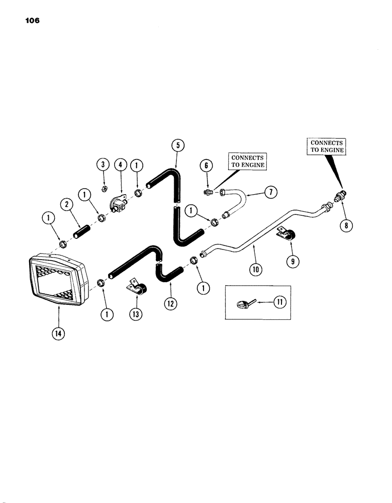 Схема запчастей Case 980B - (106) - HEATER HOSES AND LINES, (USED ON UNITS PRIOR TO PIN 6204051) (05) - UPPERSTRUCTURE CHASSIS