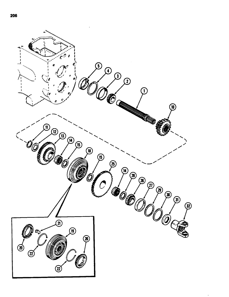 Схема запчастей Case 580D - (206) - TRANSAXLE MAINSHAFT, WITHOUT TURBOCHARGER (06) - POWER TRAIN