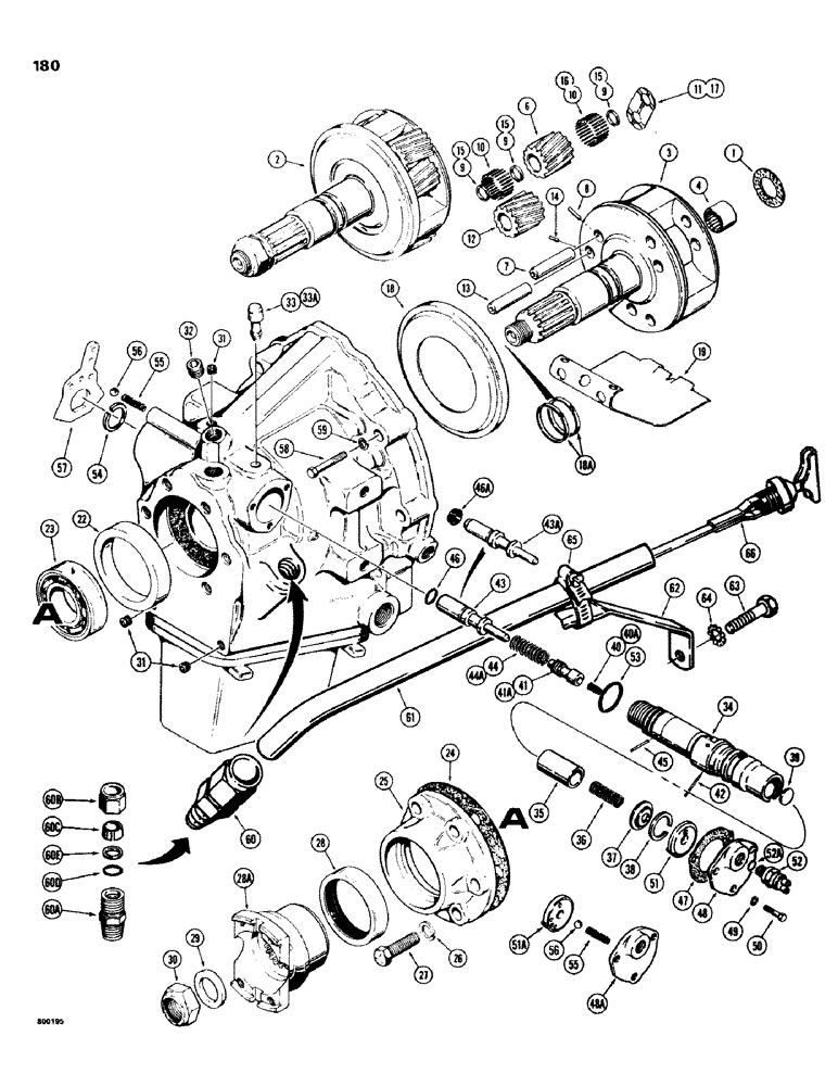 Схема запчастей Case 580C - (180) - POWER SHUTTLE TRANSMISSION, HOUSING, PINION CAGE, AND OUTPUT SHAFT (06) - POWER TRAIN