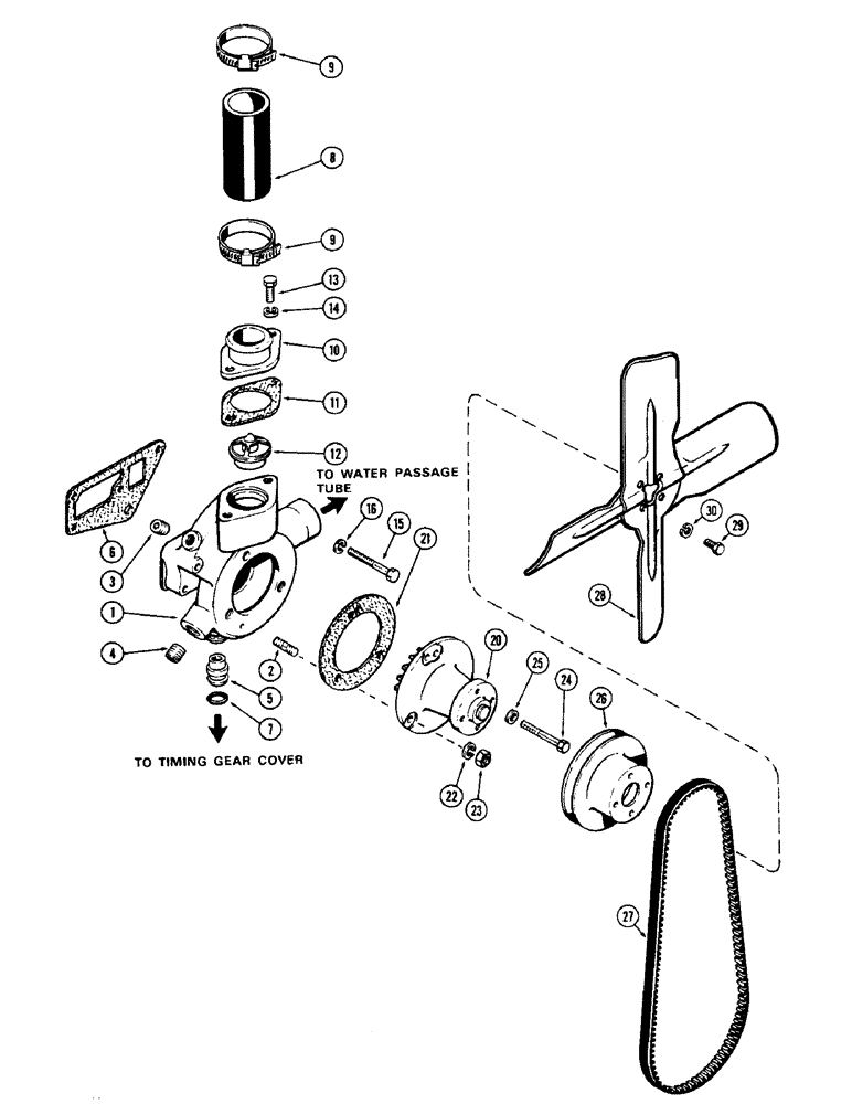 Схема запчастей Case 580 - (005C) - WATER PUMP & FAN, (188) DIESEL ENGINE, 2 PIECE COVER (10) - ENGINE